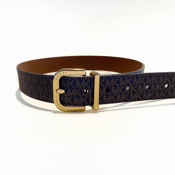 Michael Kors Brown Tan Logo Gold Buckle Belt NWT - Picture 3 of 9